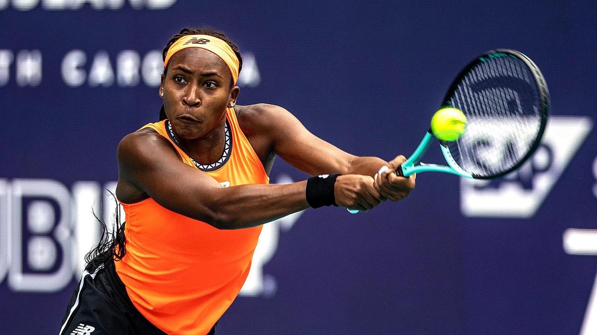 Delray Beach teen Coco Gauff returns a shot to Rebecca Marino of Canada during their match at the Miami Open tennis tournament on Thursday, March 23, 2023, in Miami Gardens, Fla.