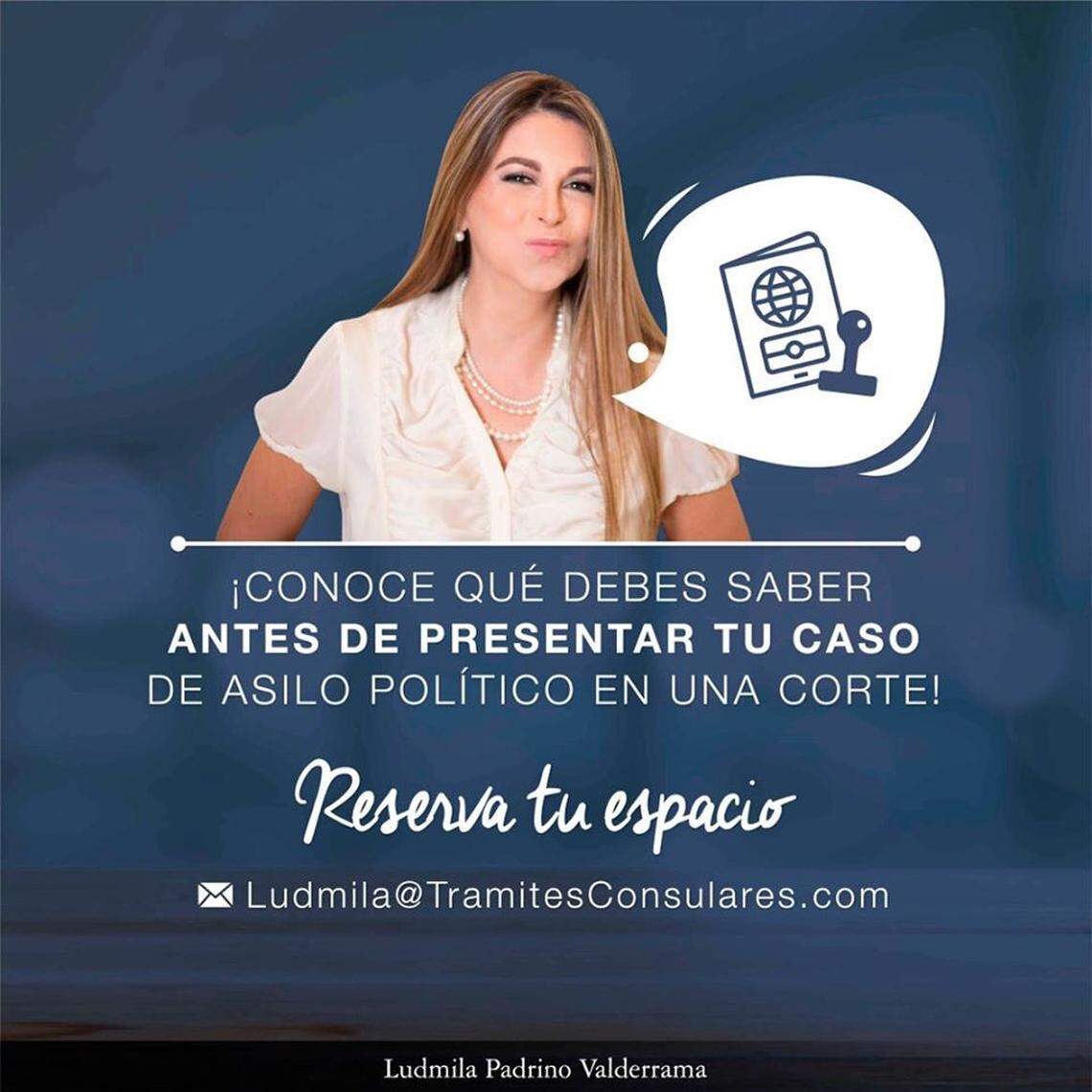 A Facebook ad for Trámites Consulares showing Ludmila Padrino Valderrama inviting people to come to an immigration forum about presenting a case for political asylum in court.