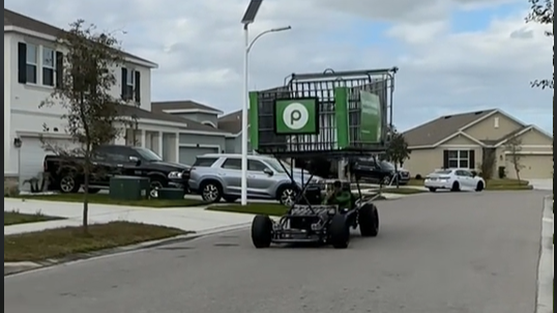 Cruising to the tunes of metal band Poison, a giant Publix shopping cart made it’s way through a Florida neighborhood to announce a new store opening, a TikTok video showed.