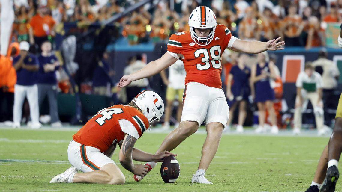 Miami Hurricanes kicker Carter Davis kicks the winning field goal in the fourth quarter during an NCAA football game against the Notre Dame Fighting Irish at Hard Rock Stadium in Miami Gardens, Florida, on Sunday, August 31, 2025.