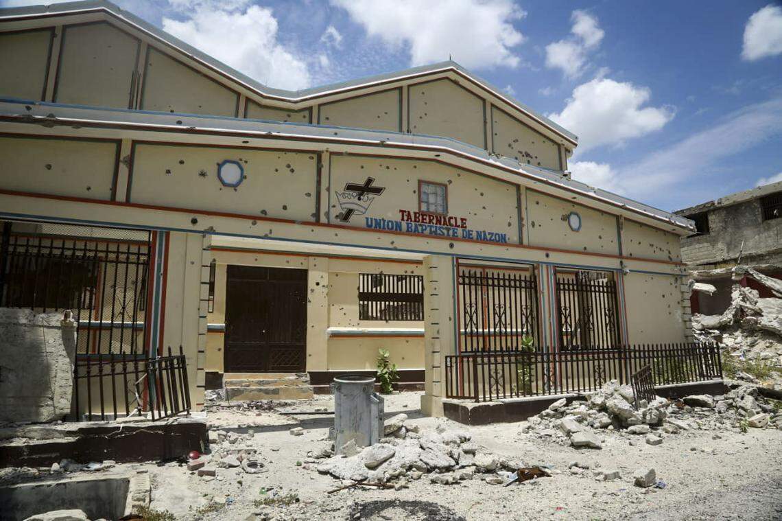 A bullet-riddled Baptist church in the Lower Delmas neighborhood of Haiti’s capital, stands as a symbol of gangs’ destruction. The neighborhood had been emptied out by armed gangs who invited them to return this week.
