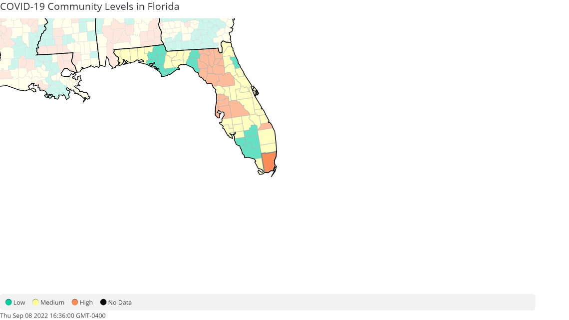 The Centers for Disease Control and Prevention’s COVID Data Tracker map on Sept. 8, 2022, shows Miami-Dade had a high level of COVID transmission. Broward, Palm Beach and Monroe in South Florida were at medium.