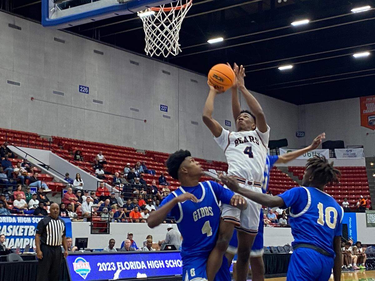 Mater Lakes’ Ian Pasall leaps toward the rim during Thursday’s Class 4A state boys’ basketball semifinal win over St. Petersburg Gibbs at the RP Funding Center in Lakeland, Fla.