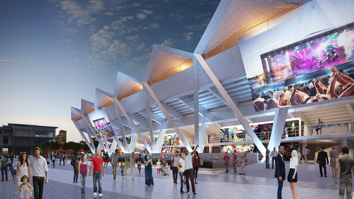 An architectural rendering shows how the Miami Marine Stadium could look after a planned renovation.