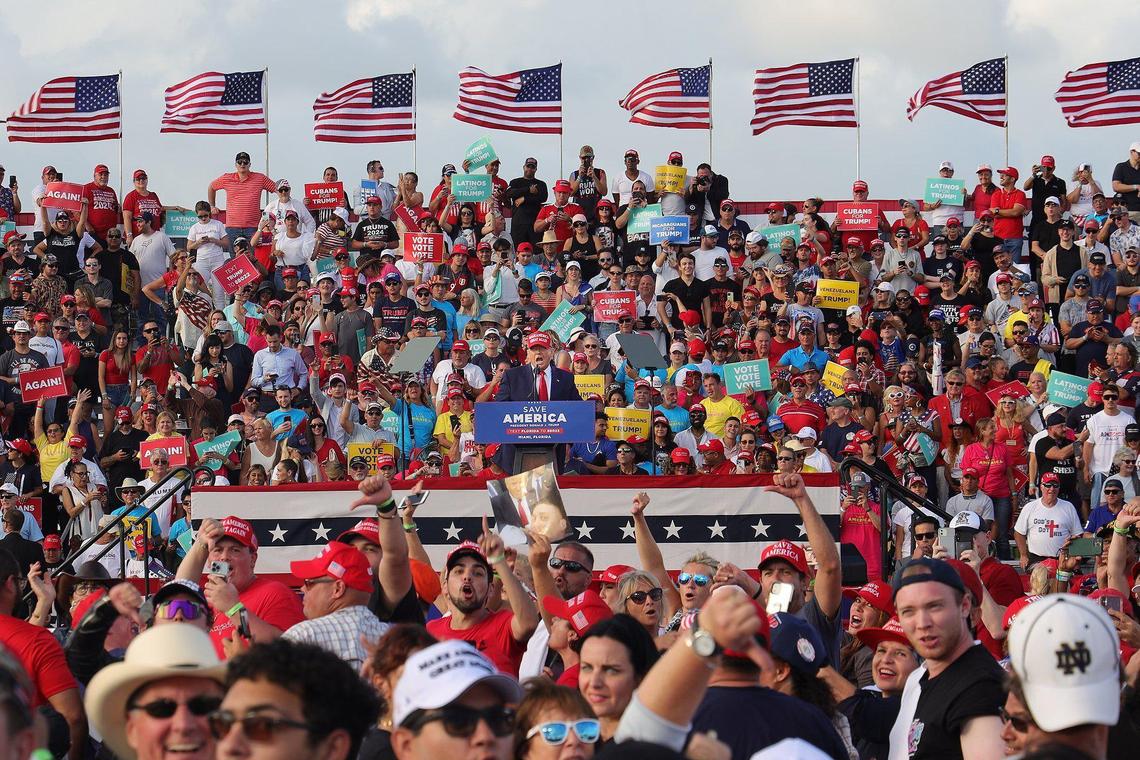 Former President Trump addresses the “fake news” media as the crowd faces and boos the working press while he campaigned for U.S. Sen. Marco Rubio on Sunday, November 6, 2022 at the Miami-Dade County Fair and Exposition. Trump and a collection of other national and local Republicans campaigned with Rubio on the eve of the Nov. 8 election.