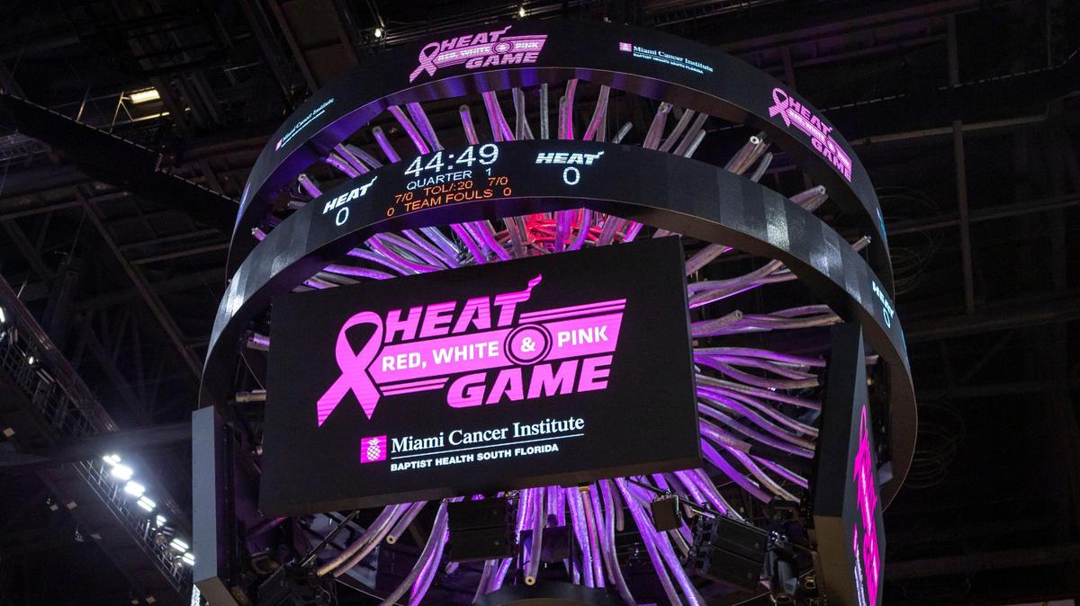 The jumbotron at FTX Arena during the Miami Heat’s Red, White & Pink intrasquad scrimmage in Miami, Florida, on Monday, October 3, 2022.