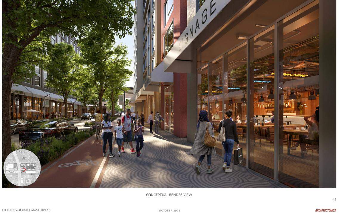 A conceptual rendering shows a planned new shopping street that’s part of an extensive redevelopment proposal that aims to bring 5,000 affordable and workforce apartments to Miami’s Little Haiti and Little River neighborhoods.