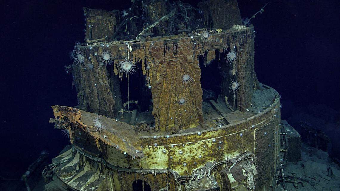 This image shows four gun turrets on the USS Nevada as seen Monday, March 24, by NOAA Ocean Exploration researchers. The ship served in World War I and World War II. The wreck is 65 nautical miles southeast of Pearl Harbor, Hawaii.