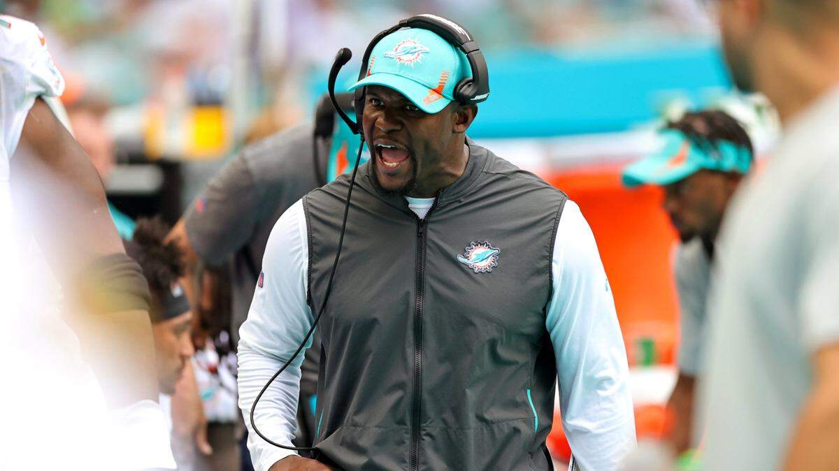 Miami Dolphins head coach Brian Flores reacts at the sidelines during second quarter of an NFL football game against the Buffalo Bills at Hard Rock Stadium on Sunday, September 19, 2021 in Miami Gardens, Florida.