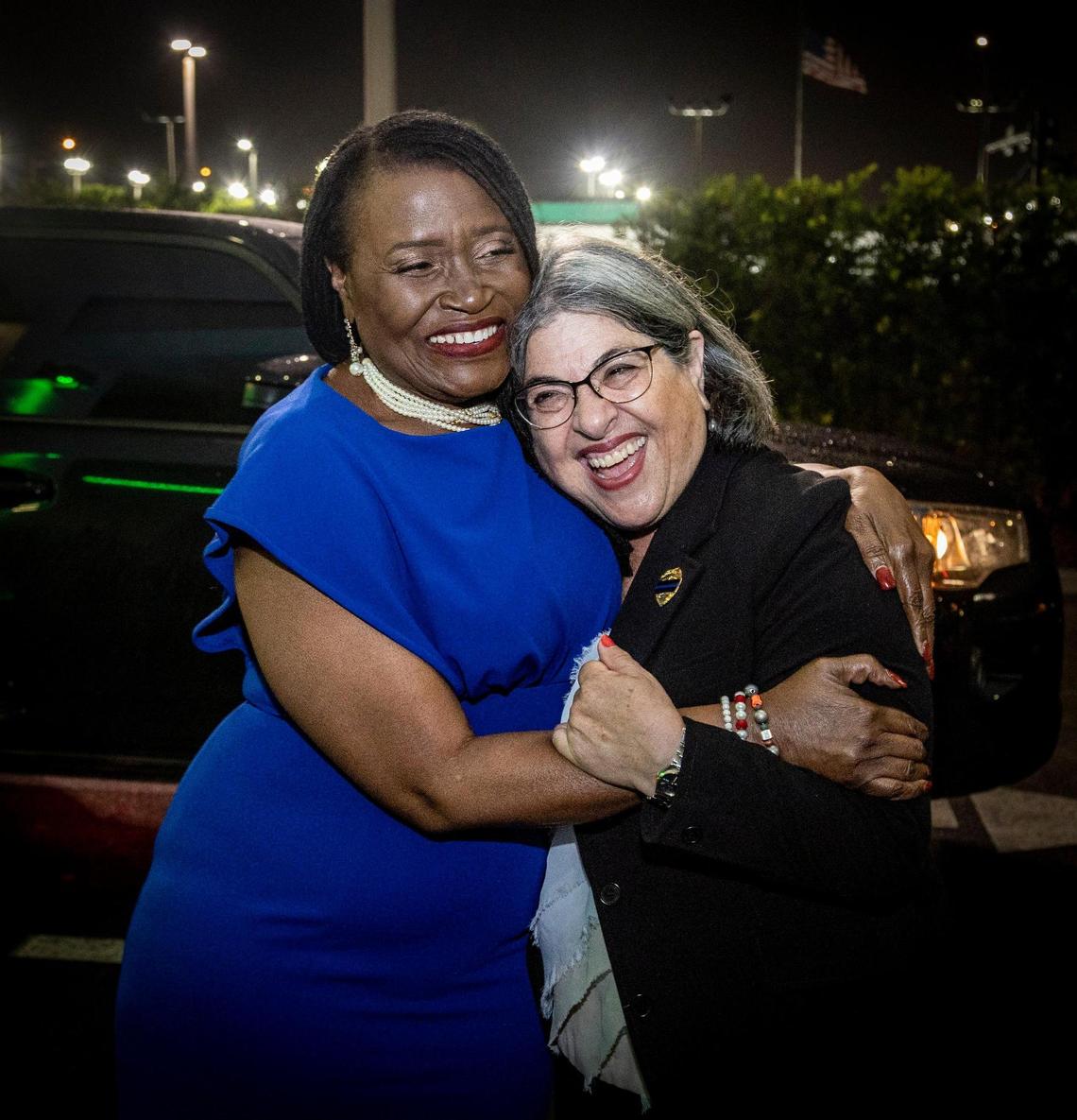 Marleine Bastien, left, is congratulated by Miami-Dade Mayor Daniella Levine Cava at Bastien’s election night party on Nov. 8, 2022. Bastien won the election for the District 2 seat on the Miami-Dade County Commission to succeed term-limited Jean Monestime.