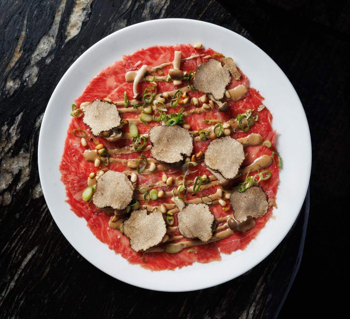 Wagyu carpaccio with pine nuts and mushrooms is the most popular appetizer at Sparrow Italia in Wynwood.