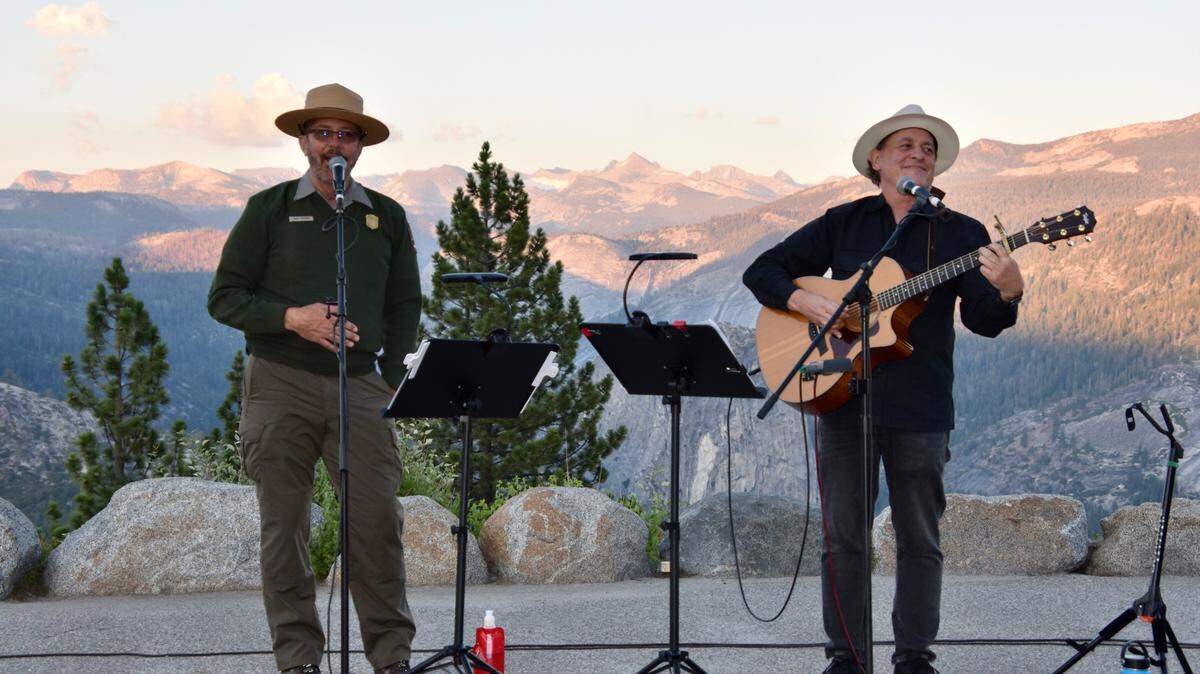 Storyteller Gary Bremen, a retired National Park Ranger, and singer/songwriter Grant Livingston performed at Glacier Point in Yosemite National Park in 2019.