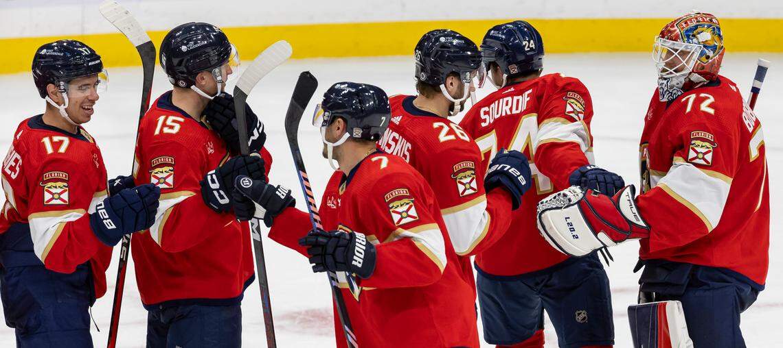 Florida Panthers players celebrate after defeating the Toronto Maple Leafs in their NHL game at the Amerant Bank Arena on Thursday, Oct. 19, 2023, in Sunrise, Fla.