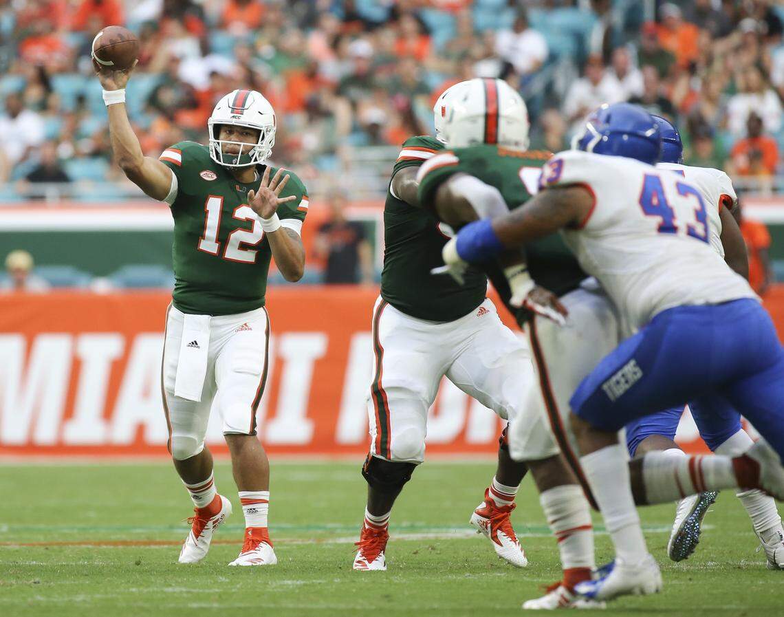 Miami Hurricanes quarterback Malik Rosier (12) looks to pass in the second quarter as the University of Miami hosts Savannah State at Hard Rock Stadium in Miami Gardens on Saturday, September 8, 2018.
