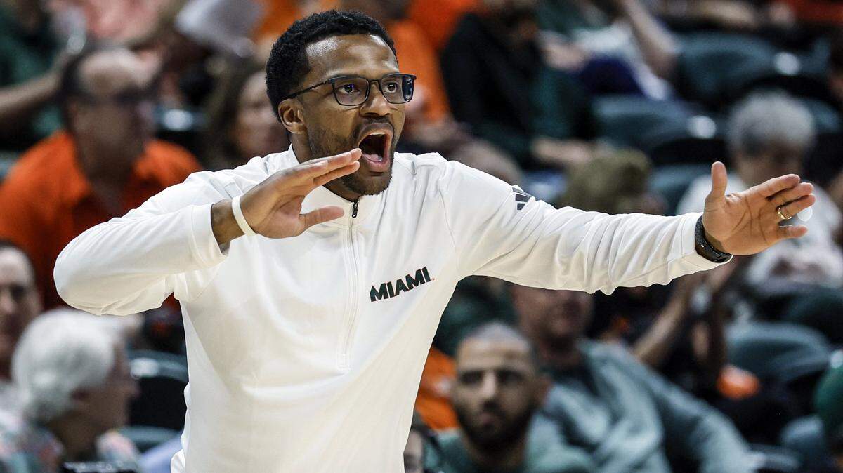 Miami Hurricanes head coach Jai Lucas shouts out towards players in the second half during their NCAA basketball game at Watsco Center, against the ULM Warhawks at the University of Miami campus in Coral Gables, Florida on Saturday, December 13, 2025.