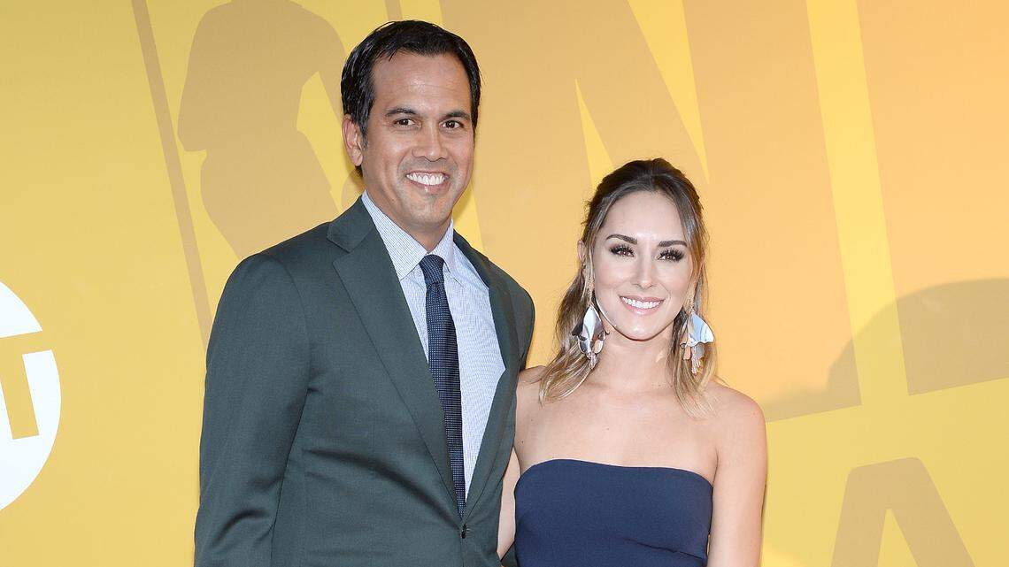Miami Heat coach Erik Spoelstra and Nikki Sapp attend the 2017 NBA Awards Live on TNT at Pier 36 in New York, NY, on June 26, 2017.