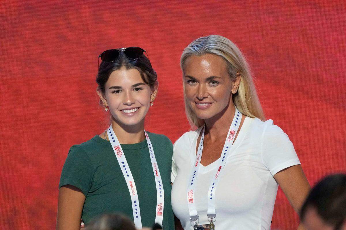 Jul 17, 2024; Milwaukee, WI, USA; Donald Trump Jr.’s daughter Kai Madison Trump, left, and former wife Vanessa Trump are seen on stage during the third day of the Republican National Convention at Fiserv Forum. The third day of the RNC featured a feature on foreign policy and threats. Mandatory Credit: Jasper Colt-USA TODAY