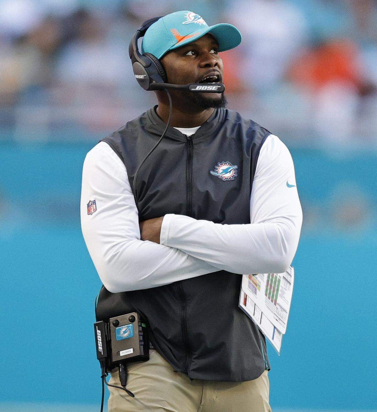 Miami Dolphins former head coach Brian Flores looks from the sidelines during fourth quarter of an NFL football game against the Houston Texans at Hard Rock Stadium on Sunday, November 7, 2021 in Miami Gardens, Florida.