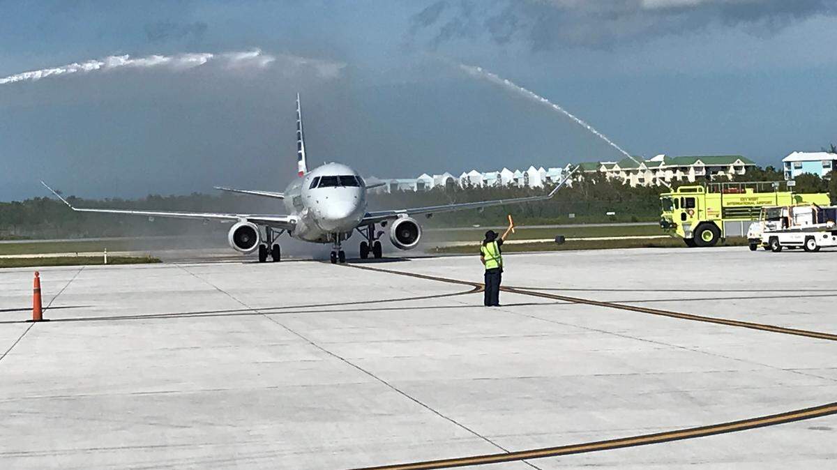 The first direct flight from Philadelphia International Airport receives a water cannon salute upon arrival to Key West International Airport on Saturday.