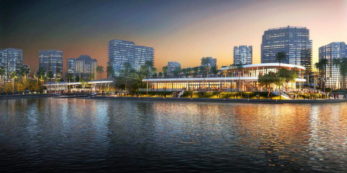 An architectural rendering shows the planned new restaurants that will replace the old Scotty’s Landing and Chart House dining spots on the Coconut Grove waterfront.