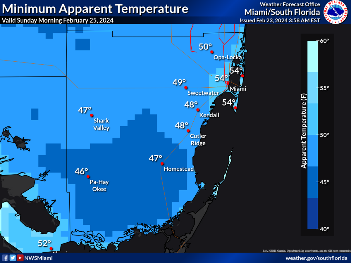 Here are the minimum apparent temperatures across Miami-Dade County on the morning of Sunday, Feb. 25, 2024.