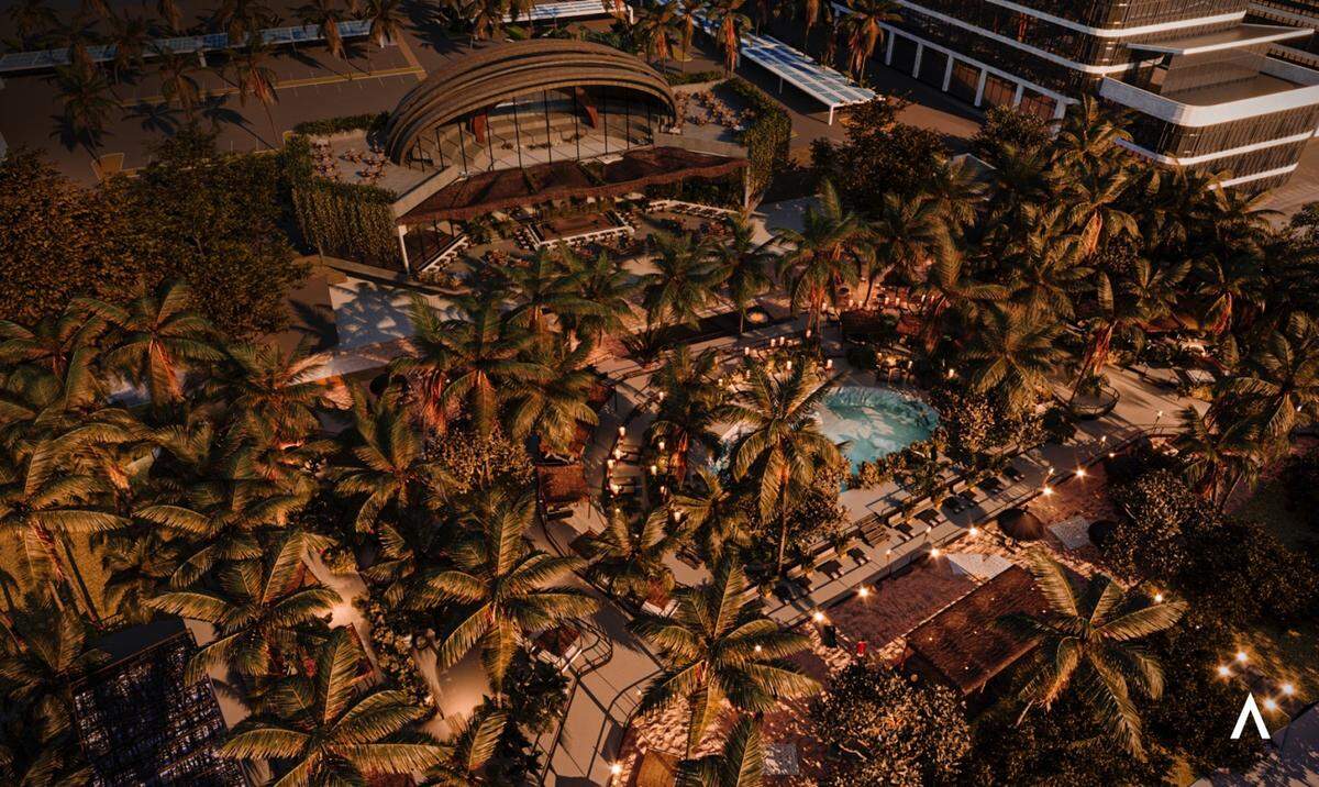 A rendering shows a proposal by The Group for a beach club at the current site of Nikki Beach.