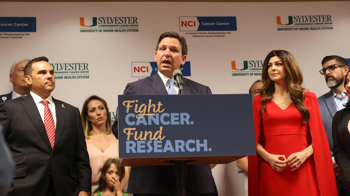 Gov. Ron DeSantis announces the new state budget will contain $100 million for cancer research to be distributed to Sylvester Comprehensive Cancer Center at the University of Miami Health System, Tampa’s H. Lee Moffitt Cancer Center and Research Institute, and the University of Florida Health System’s Shands Cancer Hospital in Gainesville. He spoke at a press conference with First Lady Casey DeSantis Tuesday, May 17, 2022, at the Don Soffer Clinical Research Center at the University of Miami.