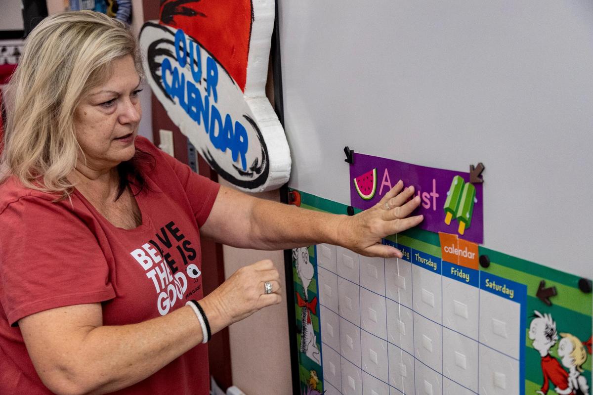 Pembroke Pines, Florida, August 8, 2022- Dr. Denise Soufrine decorates her kindergarten classroom as she prepares for the upcoming school year at Pembroke Pines Elementary. Classes for Broward County public school students start Tuesday, Aug. 16.