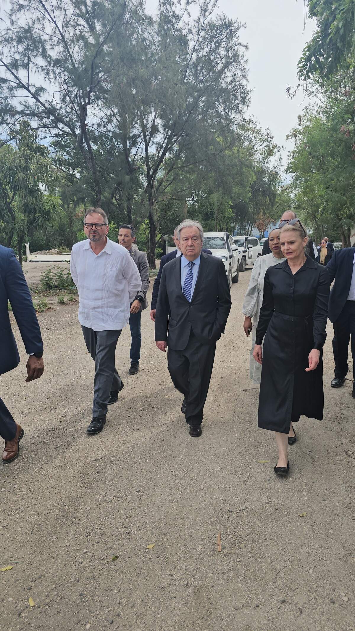 U.N. Secretary-General António Guterres tours Camp Vertières, the operational base of the U.N. authorized Gang Suppression Force, in Haiti on Tuesday, June 16, 2026. He is accompanied by Carlos Ruiz-Massieu, left, the special representative of the secretary-general for Haiti and head of the United Nations Integrated Office in Haiti, and Daniela Kroslak, head of the new United Nations Support Office in Haiti.