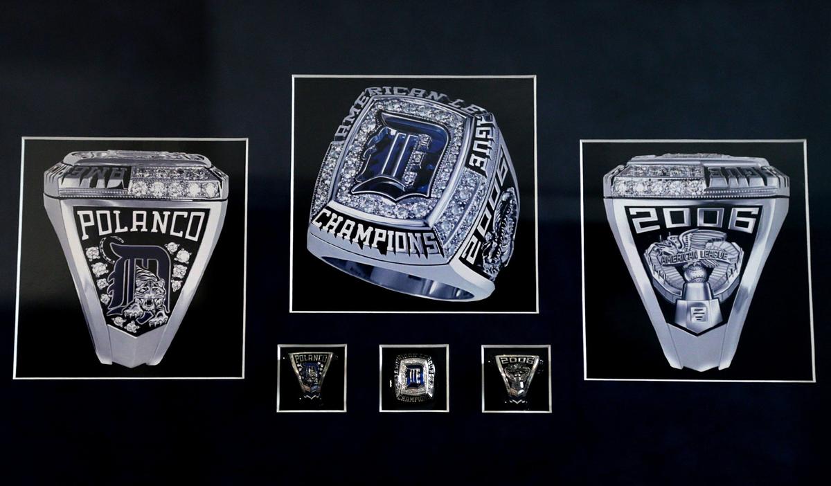 A frame with a replica of the 2006 American League Champions rings belonging to Placido Polanco