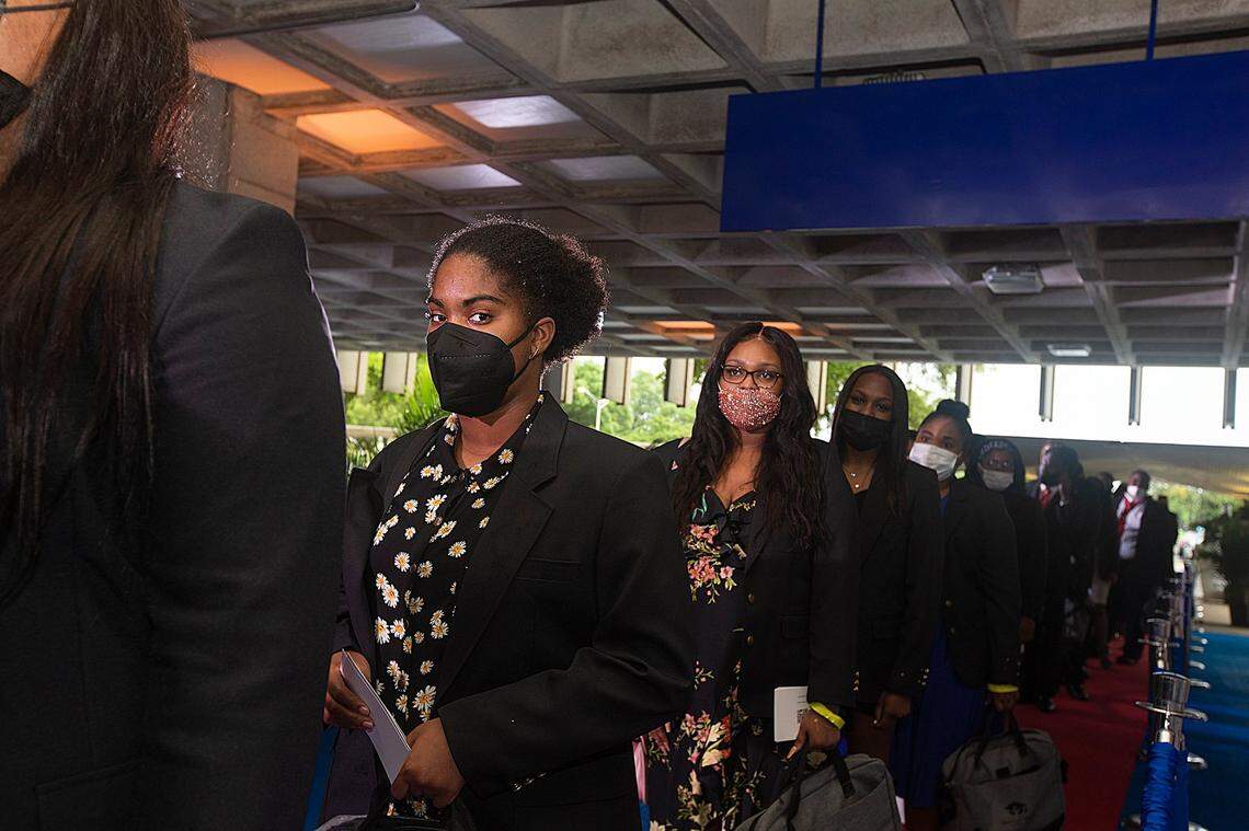 Anika Dorsainville, 17, in line among other future students, wants to study physical therapy.