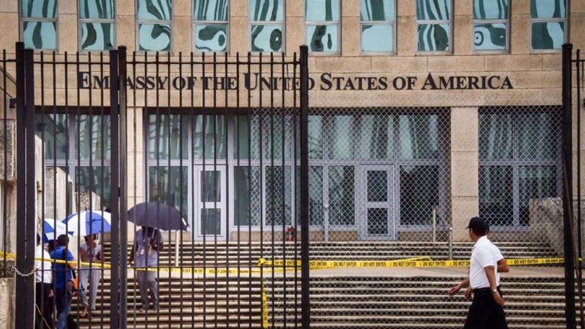 US embassy in Havana, taken on September 29, 2017 after the United States announced it is withdrawing more than half its personnel in response to mysterious health attacks targeting its diplomatic staff. Secretary of State Rex Tillerson said Washington would maintain relations with Havana -- which were only fully restored in 2015, and which have deteriorated since President Donald Trump took office earlier this year. Routine visa operations will be suspended indefinitely in response to the attacks, which are of an unknown nature have targeted at least 21 US embassy staff over the past few months. / AFP PHOTO / Adalberto ROQUE (Photo credit should read ADALBERTO ROQUE/AFP/Getty Images)