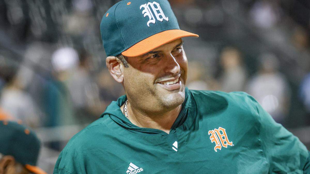 Miami Hurricanes coach J.D. Arteaga on the field before the Hurricanes baseball season opener against the Lehigh Mountain Hawks at Mark Light Field in Coral Gables, Florida, Florida on Friday, February 13, 2026