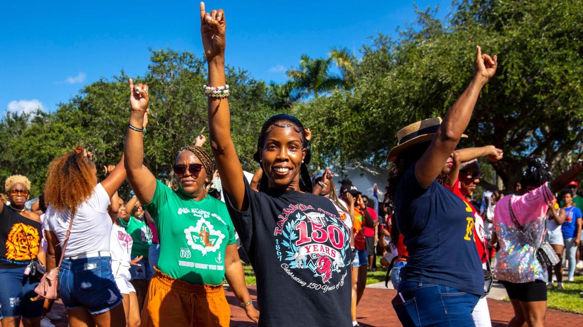 Sorority women stroll during the 6th Annual South Florida HBCU Picnic at Florida Memorial University in Miami Gardens, Florida, on Saturday, July 9, 2022.
