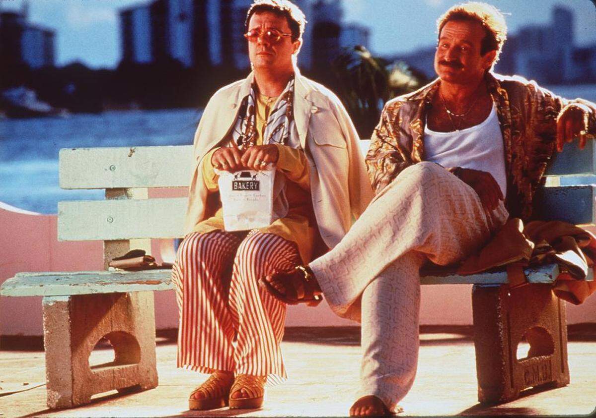 3/12/96 -- Handout photo, still from the film, The Birdcage, shot in Miami, starring Robin Williams, right, and Nathan Lane. They play gay lovers in the movie