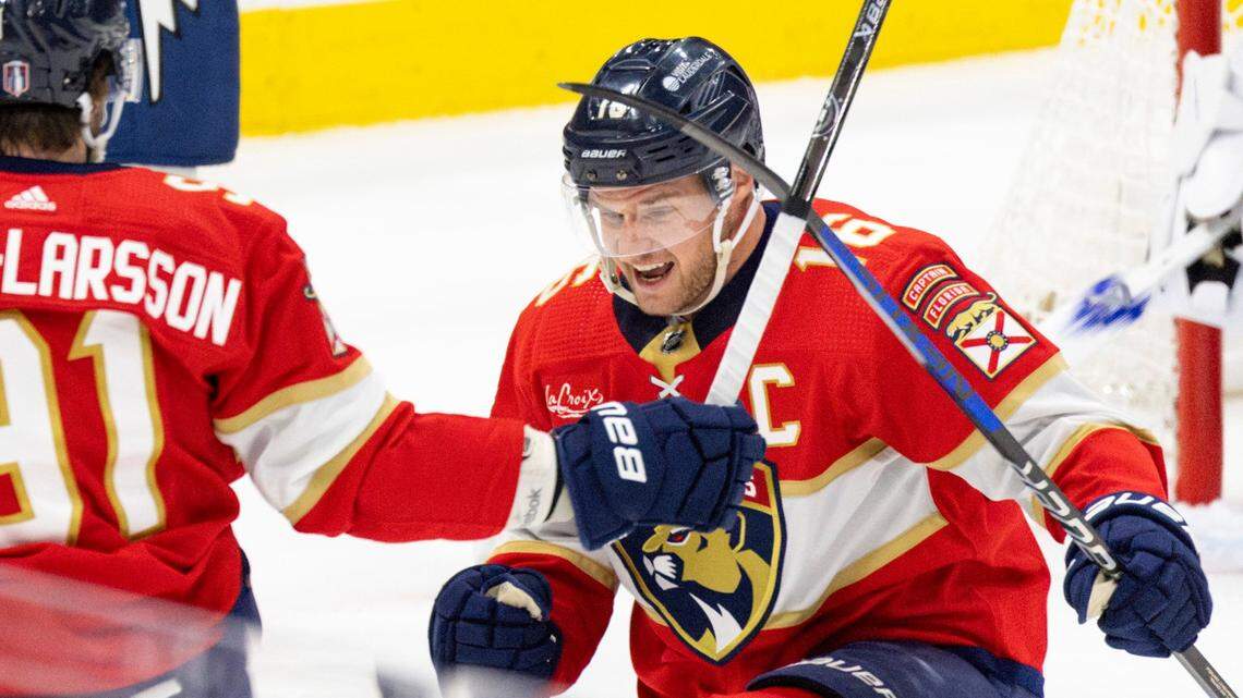 Florida Panthers center Aleksander Barkov (16) celebrates his goal during the third period of Game 5 of Round 1 of the Stanley Cup Playoffs on Monday, April 29, 2024, at Amerant Bank Arena in Sunrise, Fla. The Florida Panthers won 6-1 and won the series.