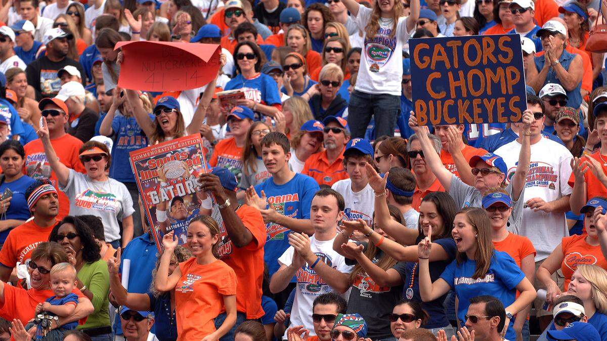 Fans cheer the Florida football team in Ben Hill Griffin Stadium in Gainesville, Fla., Saturday, Jan. 13, 2007, as they celebrate Florida's  win in the BCS National Championship.