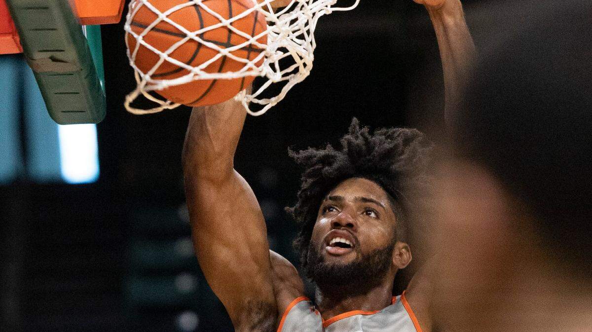Norchad Omier, shown at practice this week, led the Hurricanes with 23 points and 12 rebounds in a 111-54 exhibition win against The College of New Jersey on Oct. 29, 2023