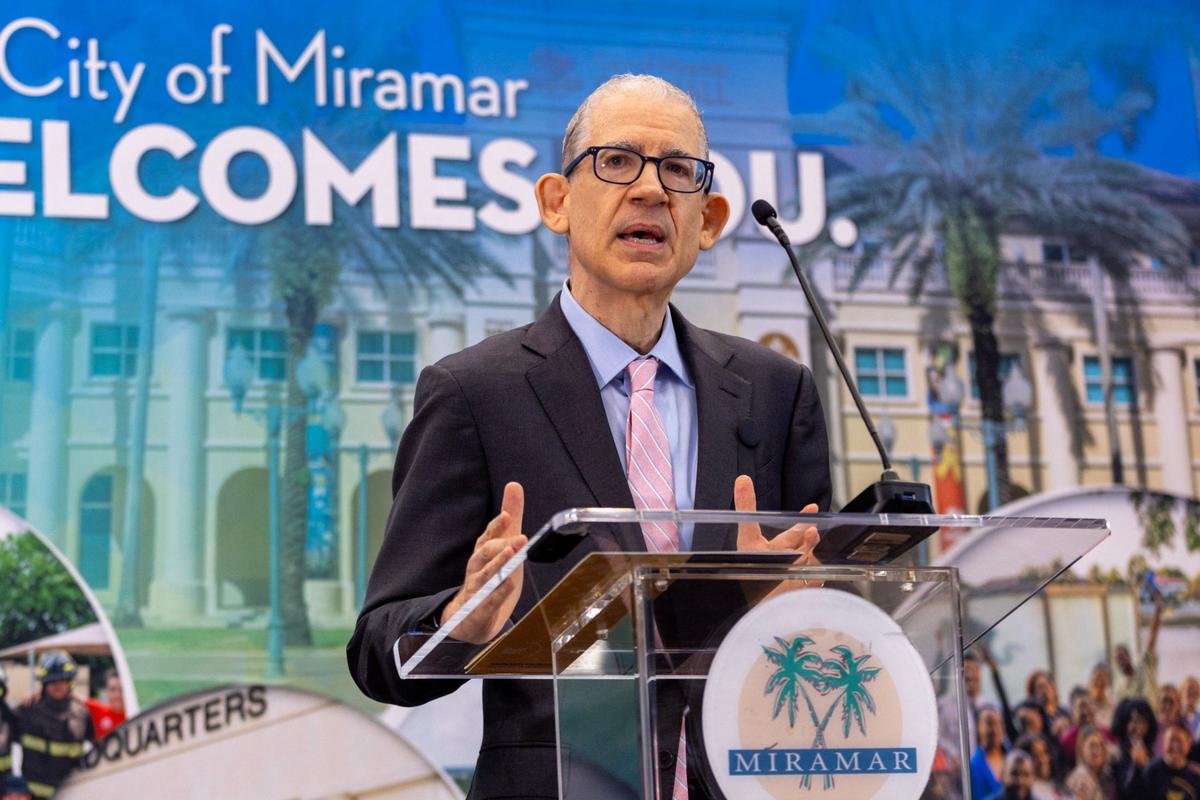 Attorney Michael R. Goldstein addresses the media during a press conference regarding the proposition of a new trash incinerator being installed near the county line by Miami-Dade County, on Wednesday, Aug. 28, 2024, in Miramar, Florida.