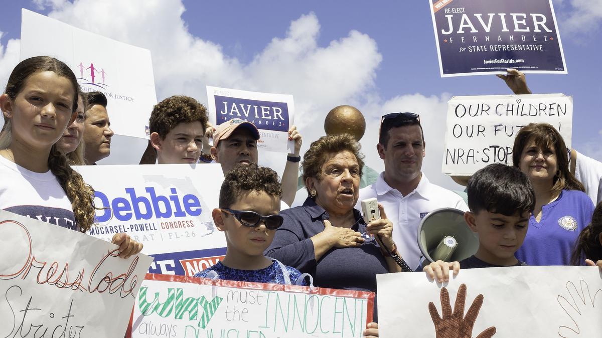 Democratic Congressional nominee Donna Shalala speaks to the crowd of protesters during a Democrat rally against the gun shows held at the Miami-Dade Youth Fair in Miami, FL, on Saturday, September 1, 2018.