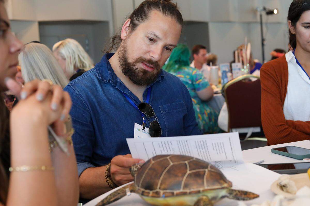 Daniel Valle leyendo una hoja de trabajo sobre la biología de las tortugas marinas en el simposio de profesores de Everglades Foundation.