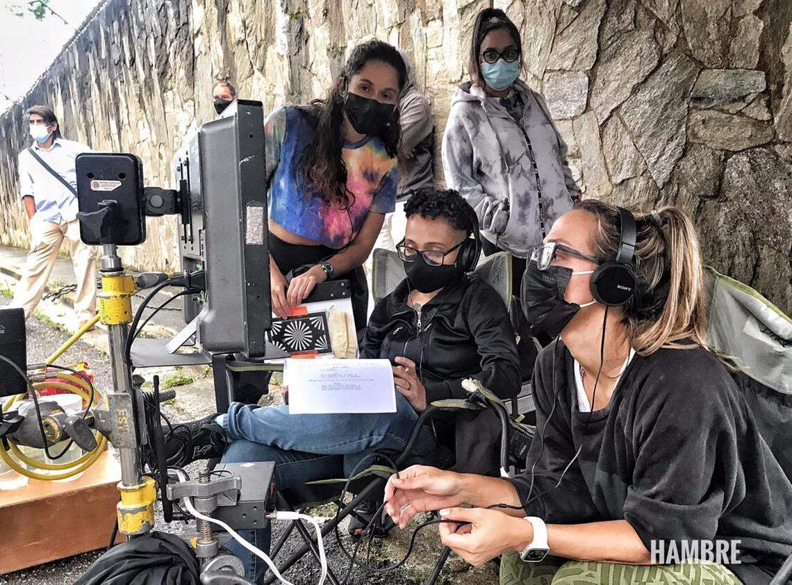 Director Joanna Nelson (right) with part of the “Hunger” crew during filming.