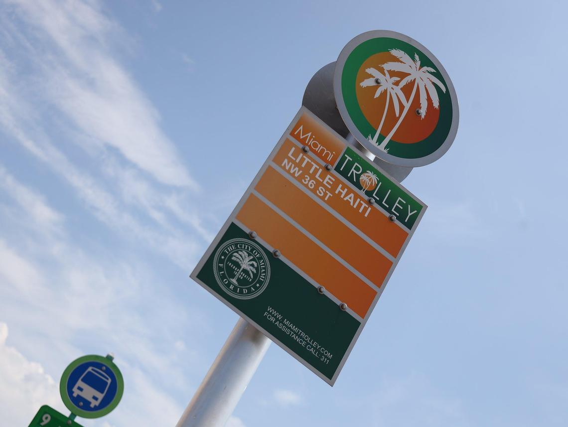 Sign marks the Little Haiti trolley stop on Northeast Second Avenue.