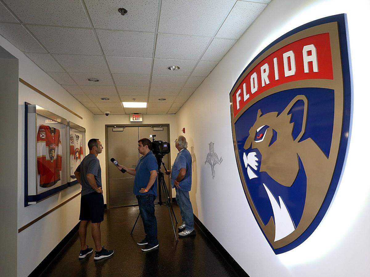 Florida Panthers team captain Derek MacKenzie does an interview with WSVN during the Panthers media day at the BB&T center in Sunrise on Thursday, September 13, 2018. 