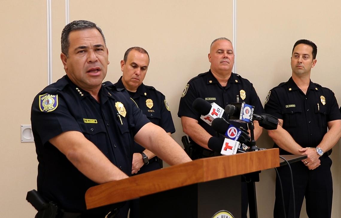 Hialeah Police Chief Sergio Velázquez talked about his department’s actions in the case of Sgt. Jesús Manuel Menocal Jr, 32, who was arrested after a federal grand jury in Miami, Florida, returned a two-count indictment against him for depriving two women of their civil rights. The news conference took place on Friday, December 13, 2019.