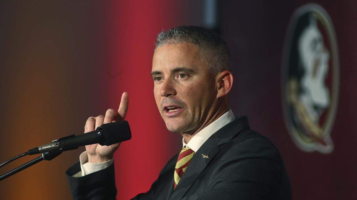 Florida State head football coach Mike Norvell speaks at a news conference Sunday, Dec. 8, 2019, in Tallahassee, Fla. Norvell is Florida State’s new coach, taking over a Seminoles program that has struggled while he was helping to build Memphis into a Group of Five power.