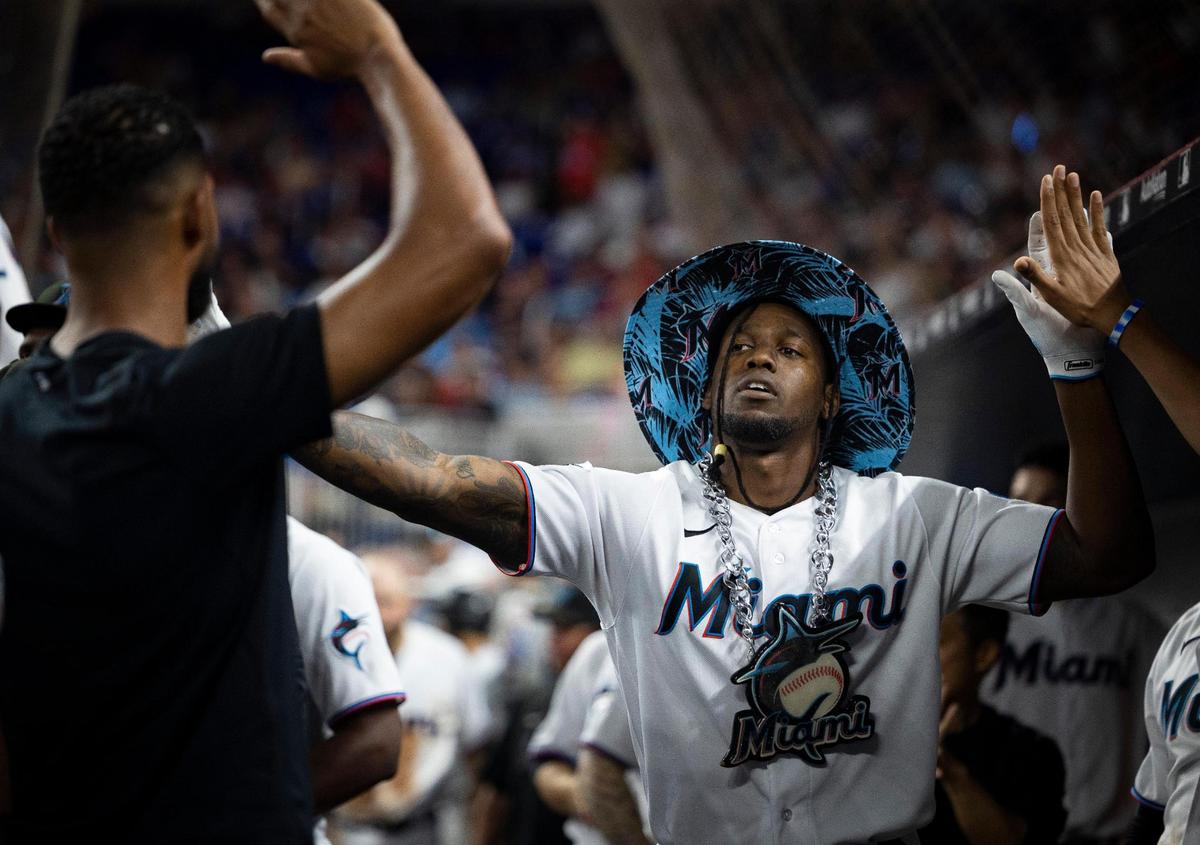 Miami Marlins right fielder Jorge Soler (12) celebrates his home run, the first of three for the Marlins in a row, during the eight inning of a baseball game on Monday, Aug. 14, 2023, at loanDepot Park in Miami.