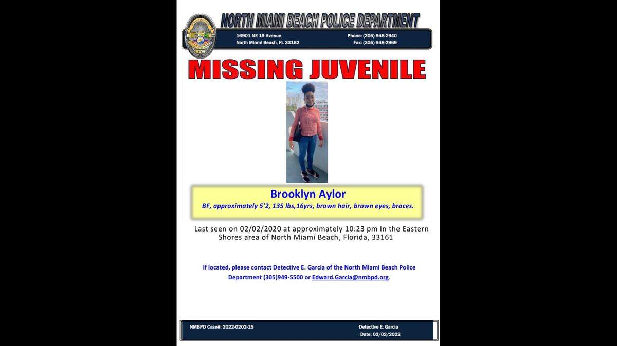 Brooklyn Aylor, 16, was last seen Wednesday night in the Eastern Shores area of North Miami Beach, according to police.