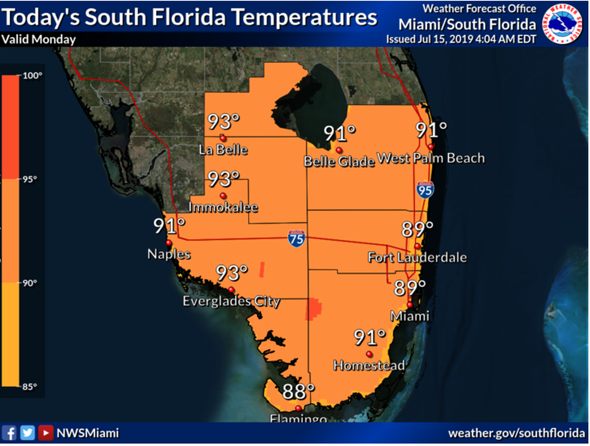 Temperatures across South Florida Monday, July 15, are looking high. They’ll generally range in the high 80’s to the low 90’s, according to the National Weather Service in Miami.