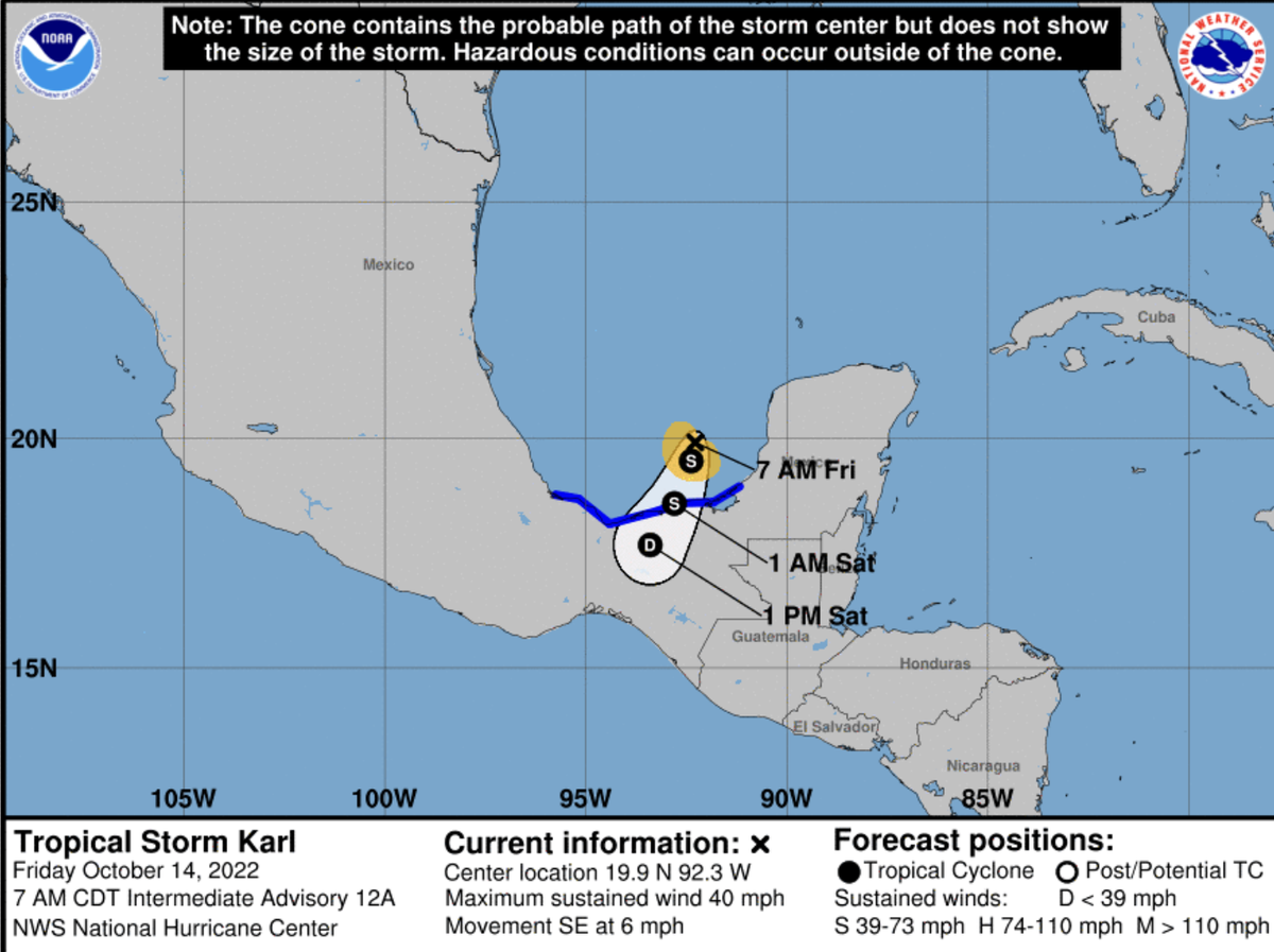 Tropical Storm Karl is forecast to make landfall in Mexico soon.